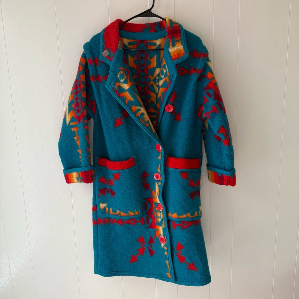 Blue and Red Teddy Jacket with Artistic Design